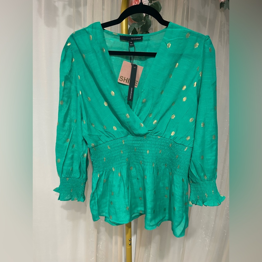Harvé Benard Green & Gold Dot Smocked Peplum Blouse – XL | NWT